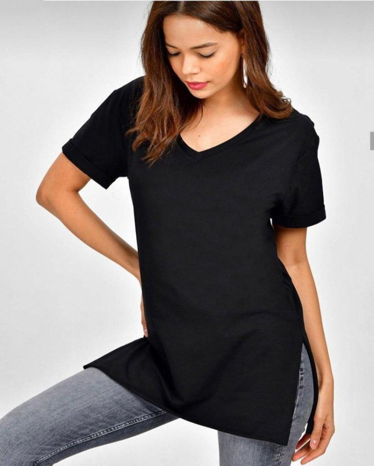 Women Short Sleeves V Collar Sides Tear Detail Penye Bluz