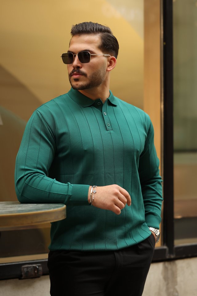 Erkek Düğmeli Yaka çizgi Dokulu Uzun Kollu Triko