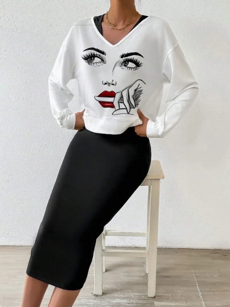 Kadın Askılı Yuvarlak Yaka Viskon Iki Iplik Elbise Ve V Yakalı Bluz Ikili Takım