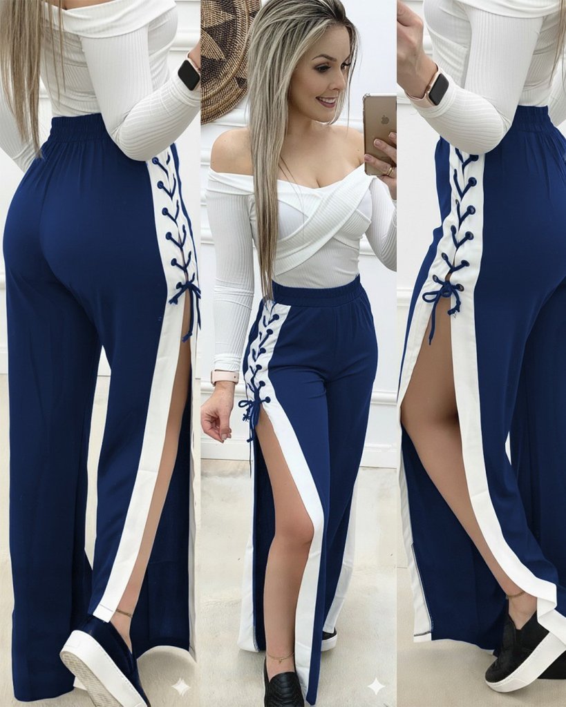 Kadın Yüksek Bel Yandan çapraz Bağcıklı Yırtmaçlı Viskon Iki Iplik Pantolon