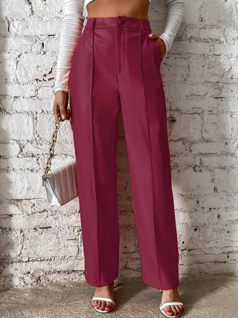 Kadın Önden Fermuarlı Cepli Geniş Kesim Lame Deri Pantolon
