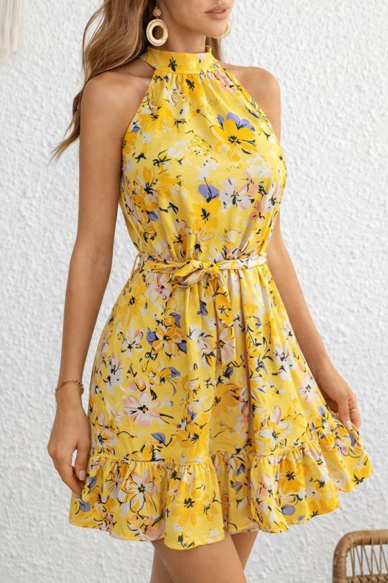 Kadın Omuzlardan Açık Balıkçı Yakalı Kuşaklı Desenli Kısa Süprem Elbise