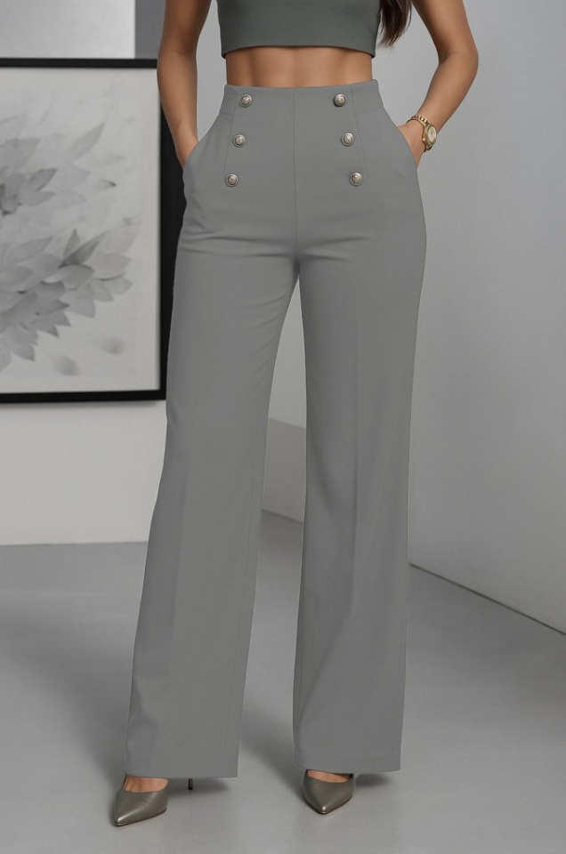 Kadın Yüksek Bel Önden Düğmeli Uzun Paçaya Doğru Geniş Ithal Krep Pantolon