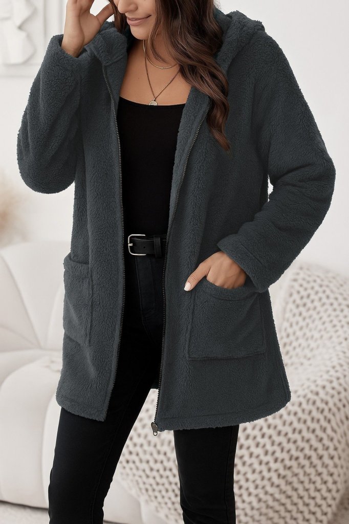 Kadın Uzun Kollu Kapşonlu önden Fermuarlı Cepli Welsoft Ceket