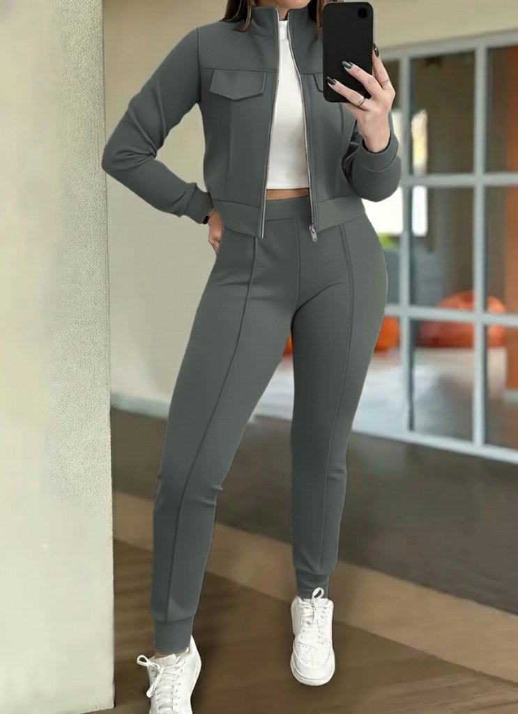 Kadın Uzun Kollu önden Fermuarlı Kısa Modal Ceket Ve Pantolon Ikili Takım