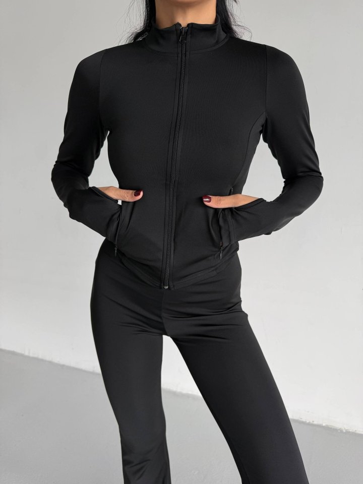 Kadın Balıkçı Yaka Cep Detaylı Ceket Ve Ispanyol Paça Spor Ikili Takım