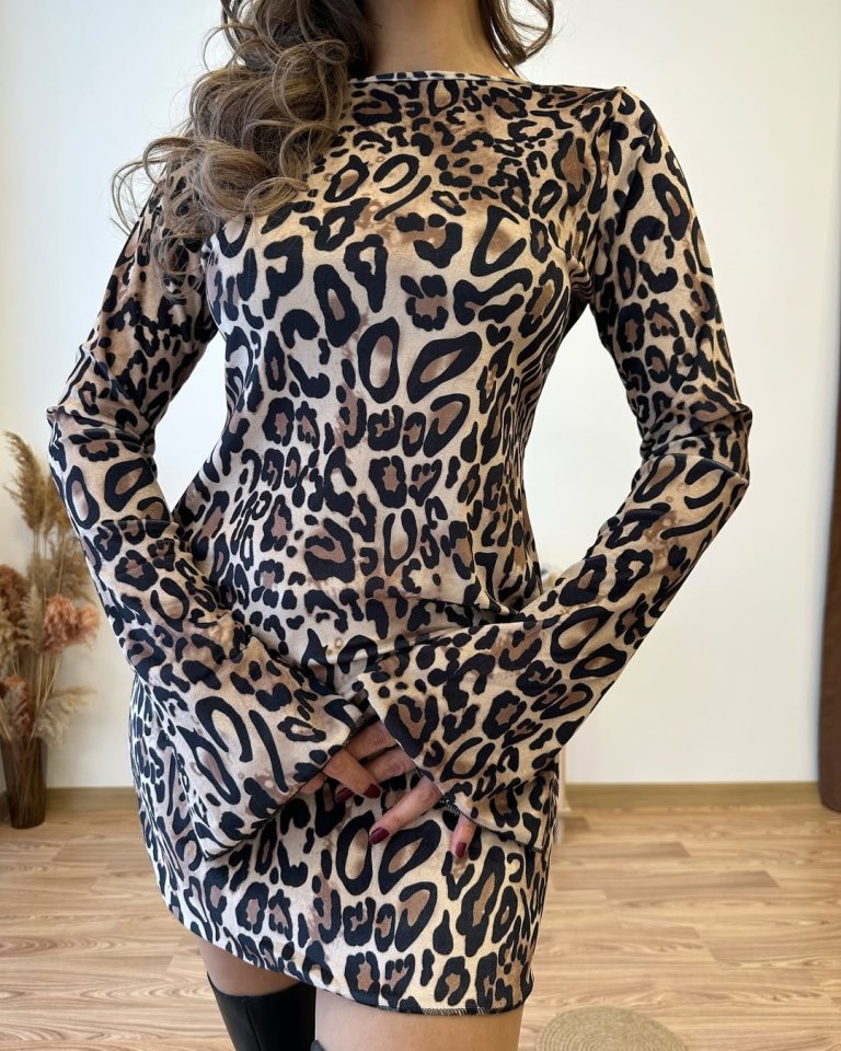 Women Long Sleeves Boiling Collar Leopard Printed Mini Dress