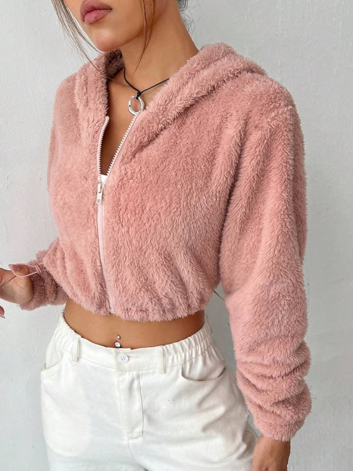 Women Long Sleeves Hood Detail Beli Tired Pelüş Hırka