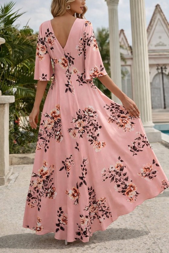 Kadın Kısa Kollu V Yakalı Desenli Süprem Elbise