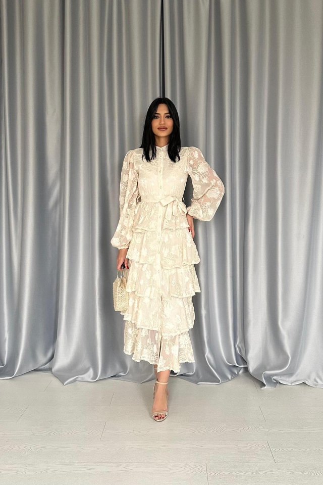 Beige Valonlu Striped Floor Coat Dress