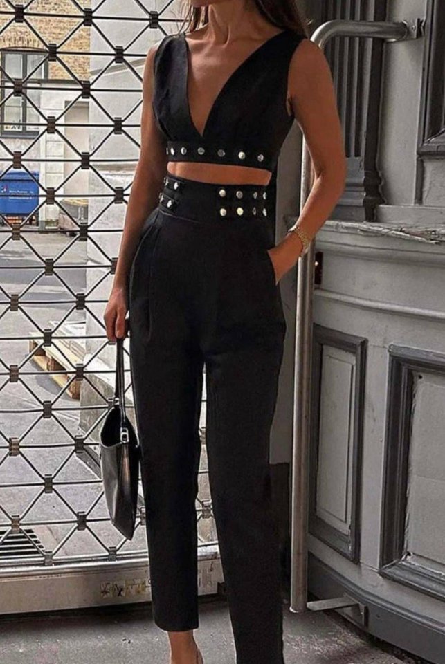 Kadın Double Krep Kumaş Düğme Aksesuar Detaylı Takım