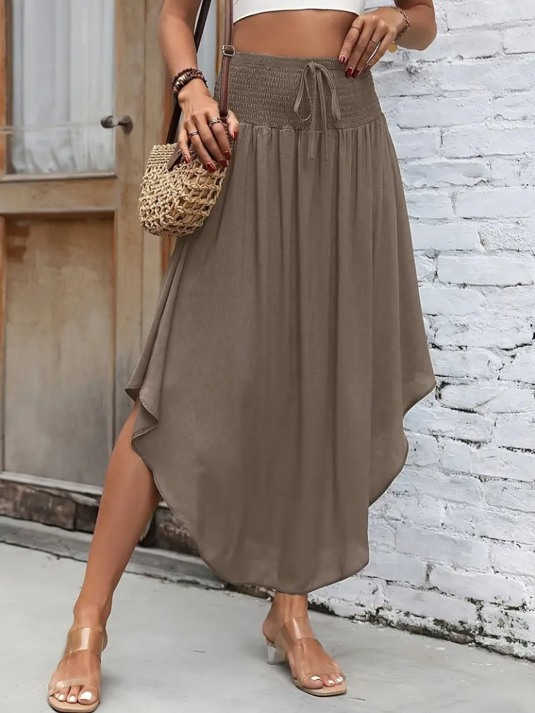 Women High Waist Waist Cordless Cutting Detailed Sandy Skirt