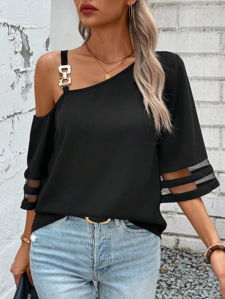 Women Hanger Asymmetric Cutting Sleeve And Collar Sleeve Tulle And Accessories Detailed Janjan Krep Blouse