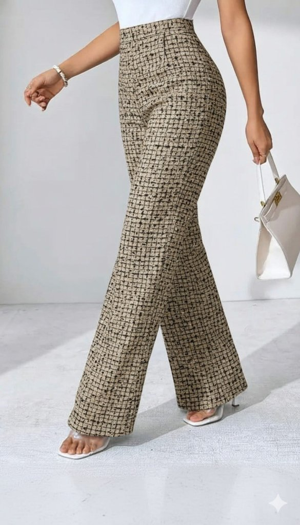 Kadın Yüksek Bel Paçaya Doğru Geniş Dokuma Pantolon