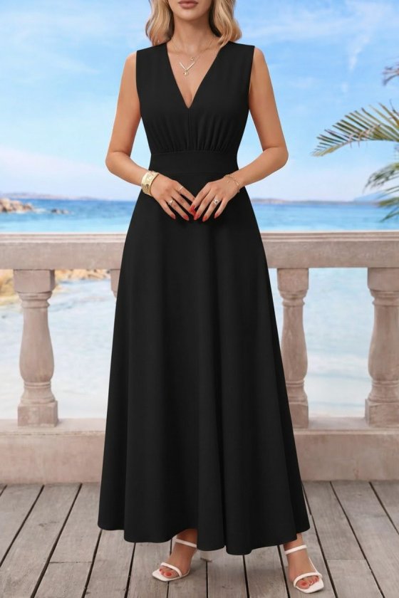 Kadın Askılı V Yakalı Bel Korsaj Detaylı Uzun Ithal Krep Elbise