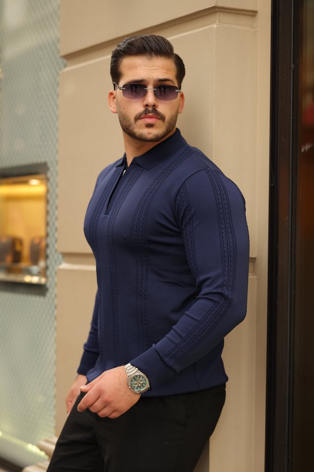 Erkek Örgü Desen Fermuar Yaka Uzun Kollu Triko Erkek Örgü Desen Fermuar Yaka Uzun Kollu Triko