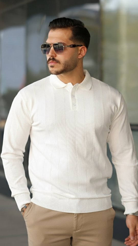 Erkek Düğmeli Yaka çizgi Dokulu Uzun Kollu Triko