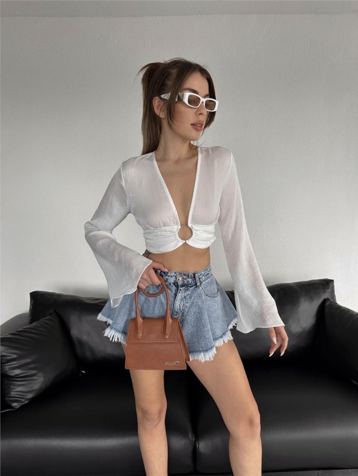 SATEN CROP TOKA DETAYLI BLUZ - Beyaz