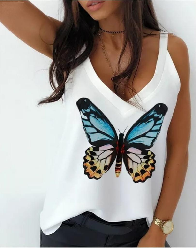 Women Butterfly Printed Sandy Fabric Hanger Blouse