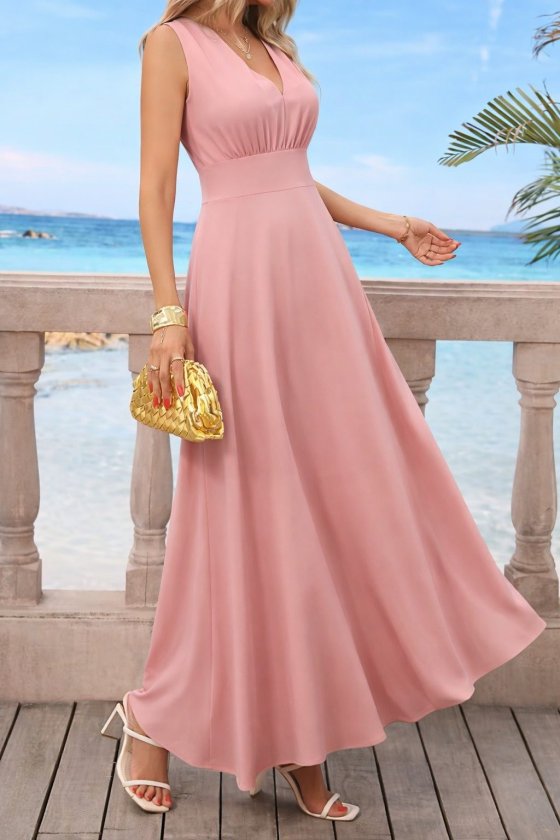 Kadın Askılı V Yakalı Bel Korsaj Detaylı Uzun Ithal Krep Elbise