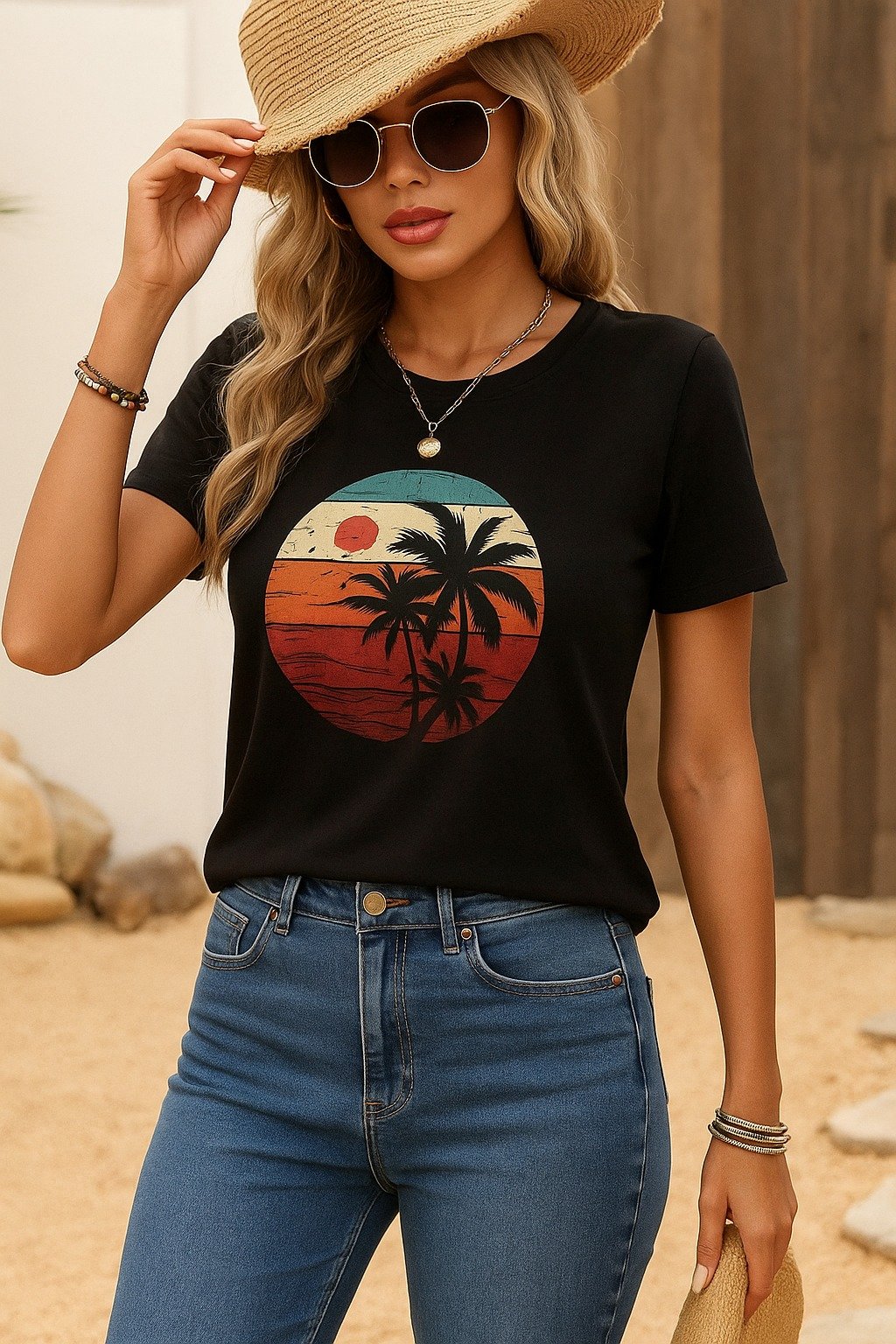 Women Short Sleeves Palm Printed Viscose T-shirt