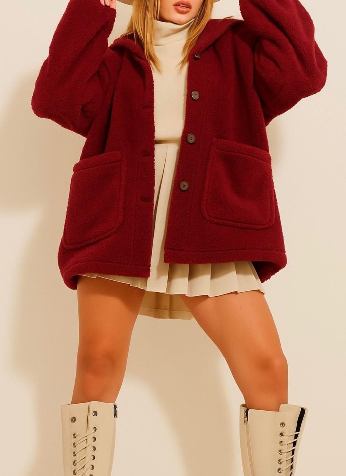 Kadın Uzun Kollu Cep Ve Düğme Detay Wellsof Kumaş Peluş Hırka