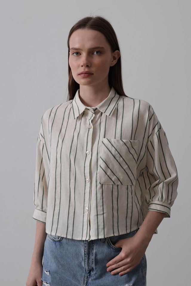 Çizgili Kısa Gömlek - Bej-Yeşil