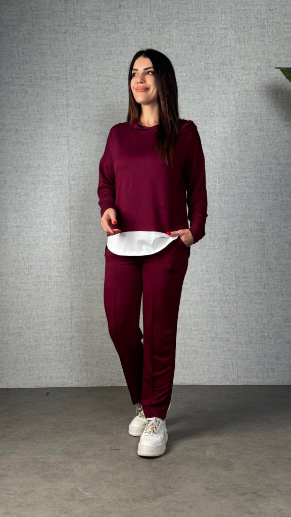 Kadın Uzun Kollu Kapşonlu Bağcıklı Viskon Iki Iplik Bluz Ve Pantolon Ikili Takım