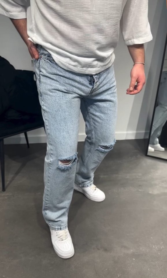 Erkek Dizi Yırtık Detaylı Kar Yıkama Baggy Jeans