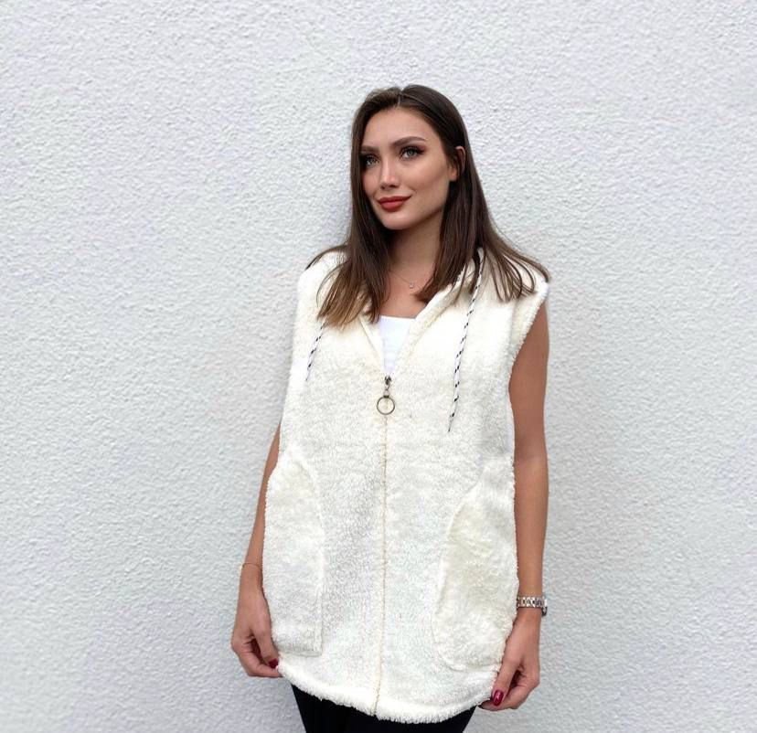 Kadın Kapüşon Ve Fermuar Detay Welsoft Kolsuz Yelek