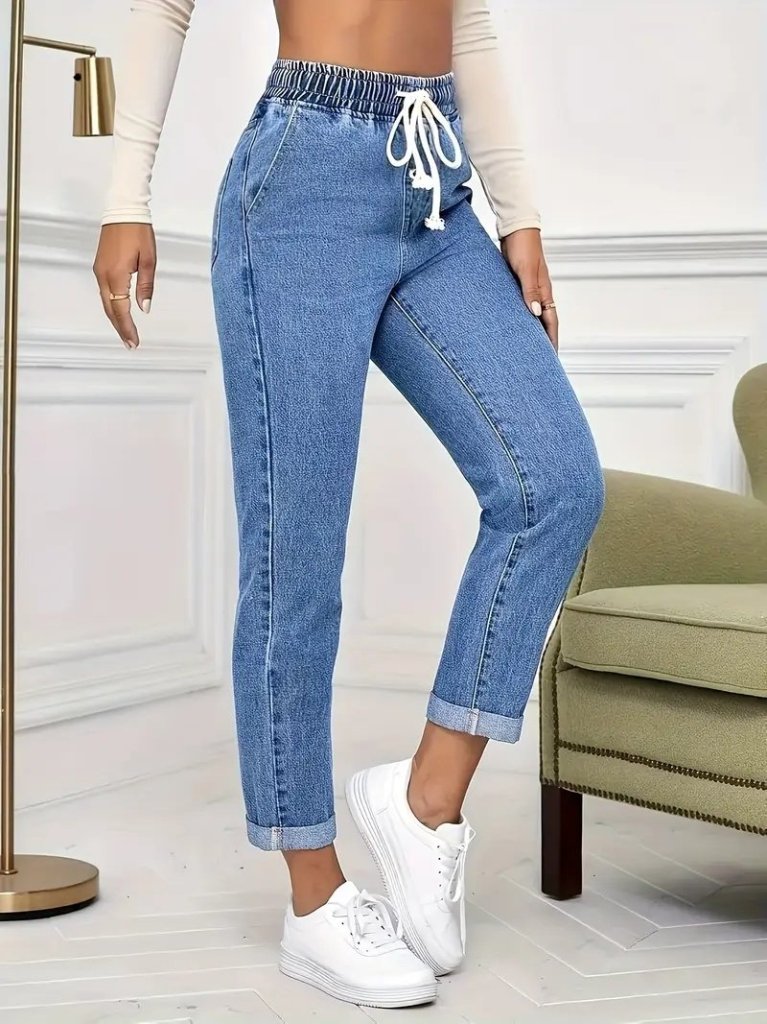 Kadın Yüksek Bel Bağcıklı Kot Pantolon