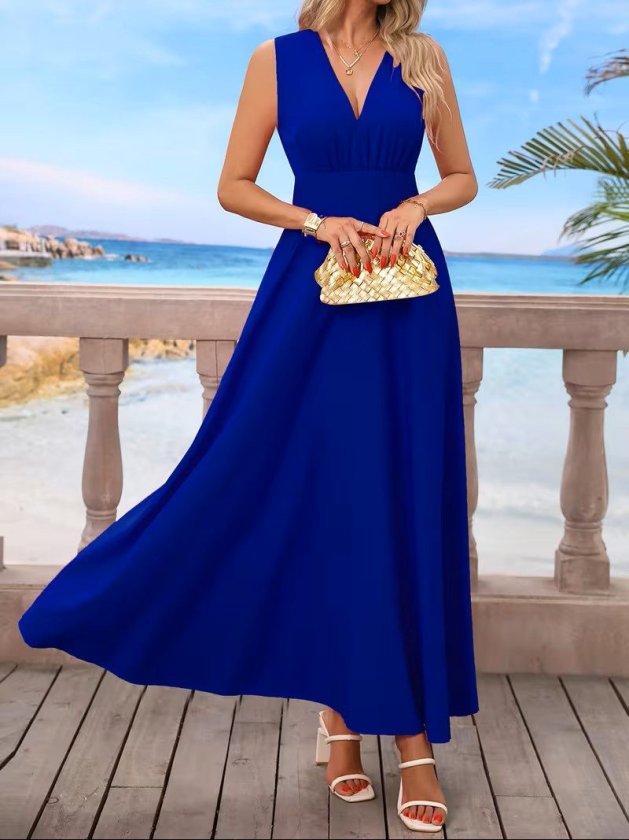 Kadın Askılı V Yakalı Bel Korsaj Detaylı Uzun Ithal Krep Elbise