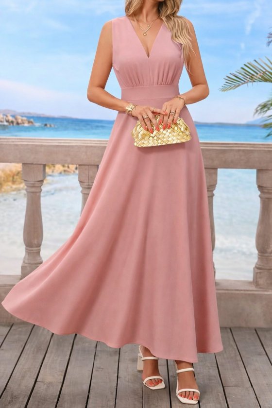 Kadın Askılı V Yakalı Bel Korsaj Detaylı Uzun Ithal Krep Elbise