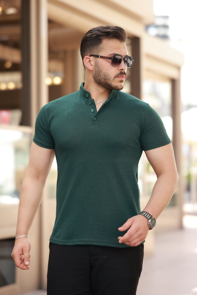 Erkek Hakim Yaka Dokuma Pamuklu Kumaş Kısa Kollu T-Shirt