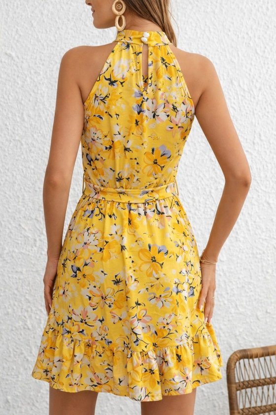 Kadın Omuzlardan Açık Balıkçı Yakalı Kuşaklı Desenli Kısa Süprem Elbise