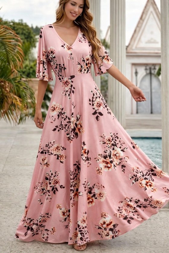 Kadın Kısa Kollu V Yakalı Desenli Süprem Elbise