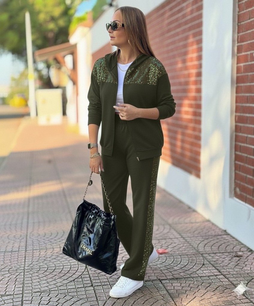 Kadın Uzun Kollu Önden Fermuarlı Pul Payetli Alt Üst Viskon Iki Iplik Takım