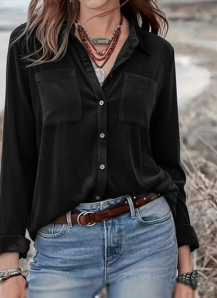 Kadın Uzun Kollu Yakalı önden Düğmeli Cep Detaylı Kadife Gömlek