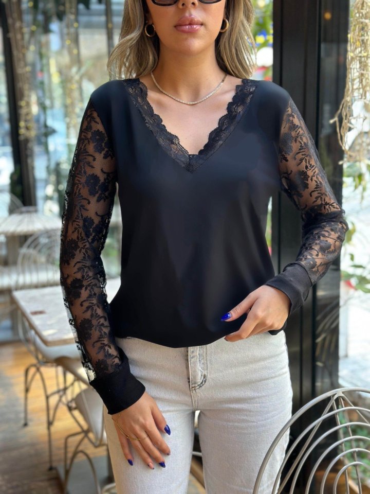 Women Long Sleeves V Neck Lace Detailed Viscose Blouse