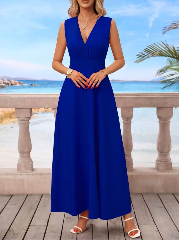 Kadın Askılı V Yakalı Bel Korsaj Detaylı Uzun Ithal Krep Elbise