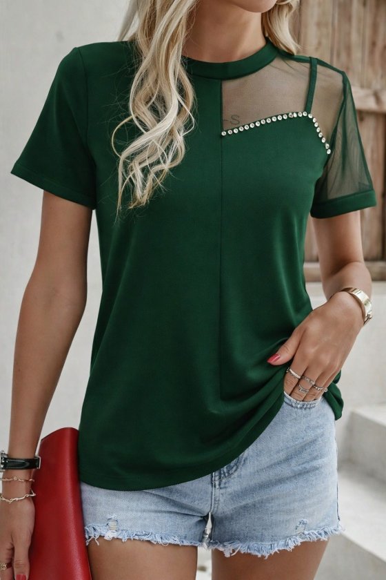 Kadın Kısa Kollu Tül Detaylı Taşlı Janjan Krep Bluz