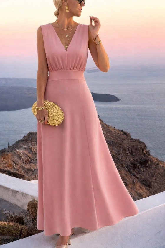 Kadın Askılı V Yakalı Bel Korsaj Detaylı Uzun Ithal Krep Elbise