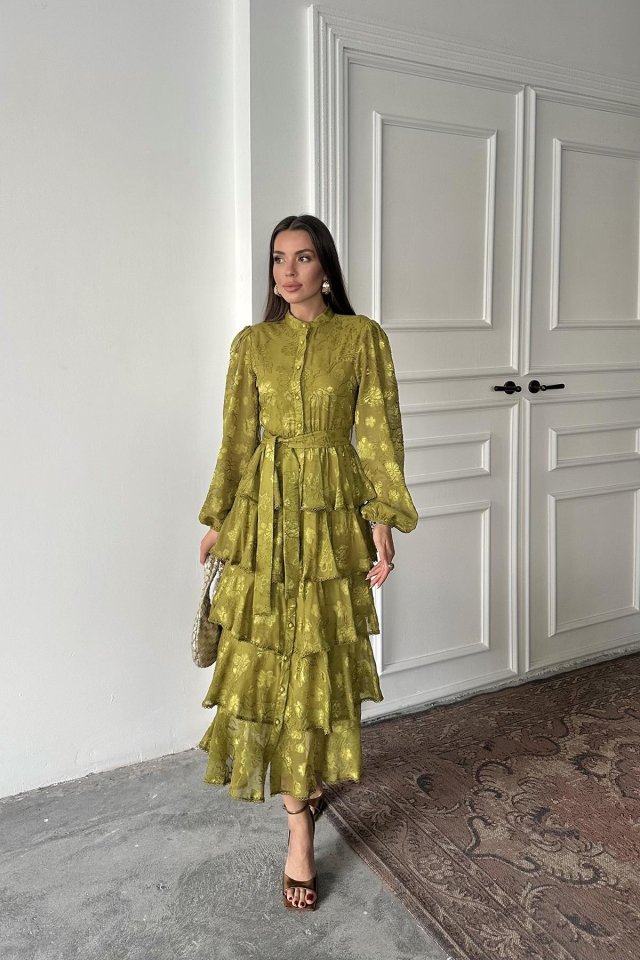 Oil Green Valonlu Striped Floor Coat Dress