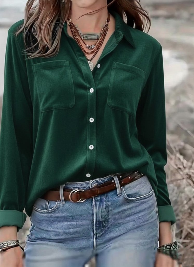 Kadın Uzun Kollu Yakalı önden Düğmeli Cep Detaylı Kadife Gömlek