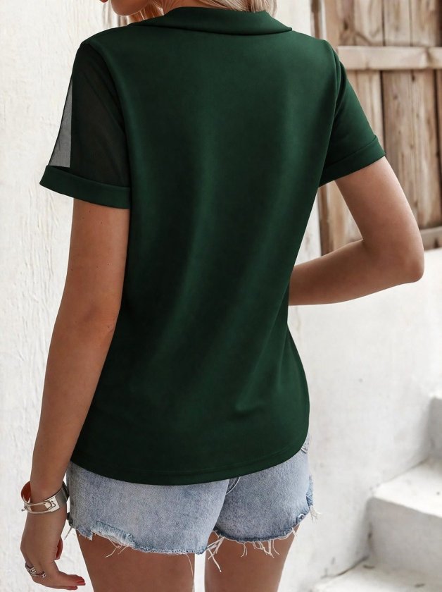 Kadın Kısa Kollu Tül Detaylı Taşlı Janjan Krep Bluz