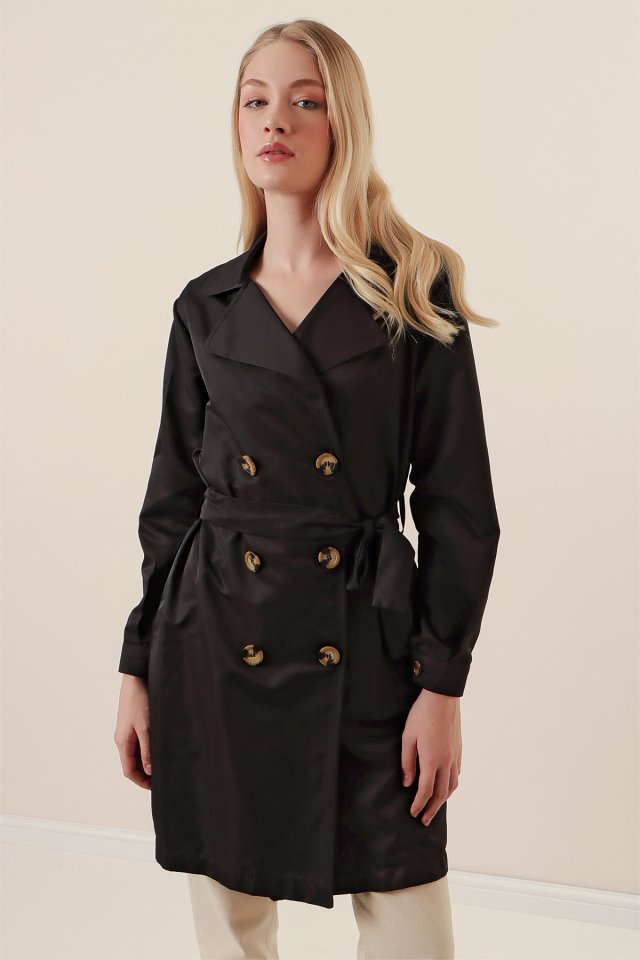 5864 Kruvaze Collar Short Trenchcoat - Black