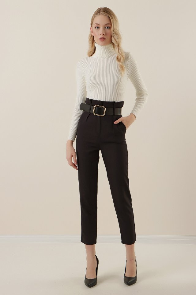 6556 Belt Fabric Pants - Black