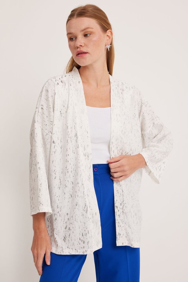 Gümüş Varaklı Örme Kimono 5925