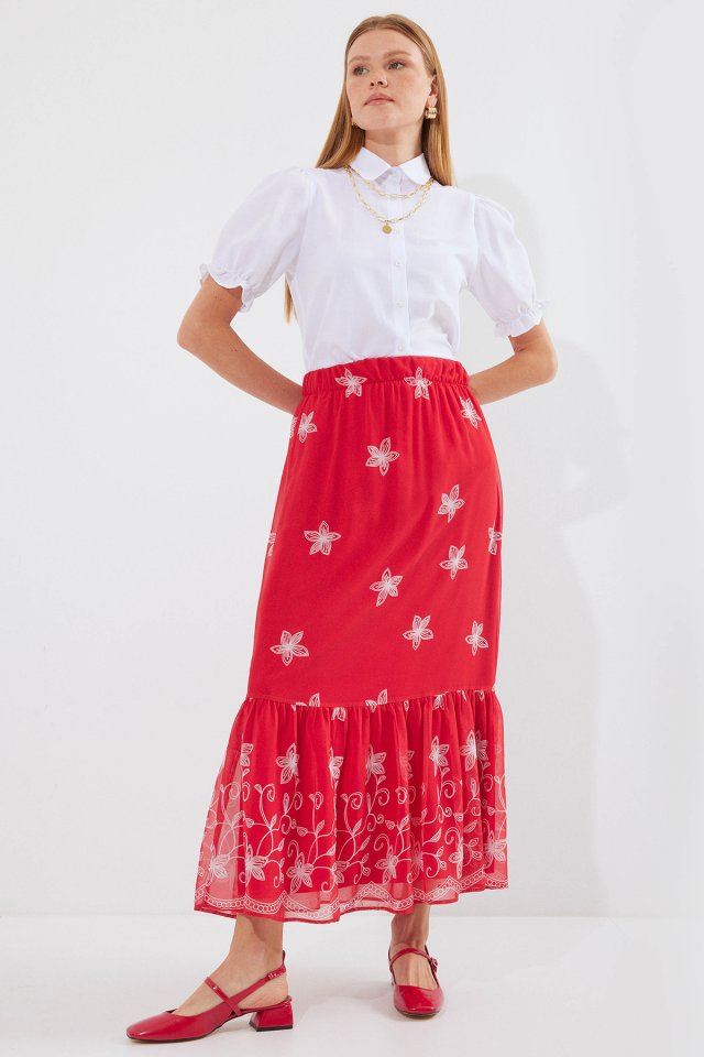 8010 Patterned Chiffon Skirt - A. Red