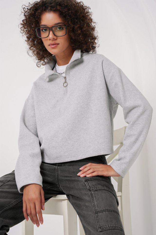 55449 Fermuarlı Yaka Örme Sweatshirt - Gri